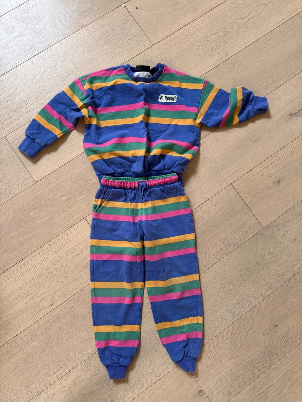 Mini Boden Blue Striped Sweat Set with Pink, Yellow & Green